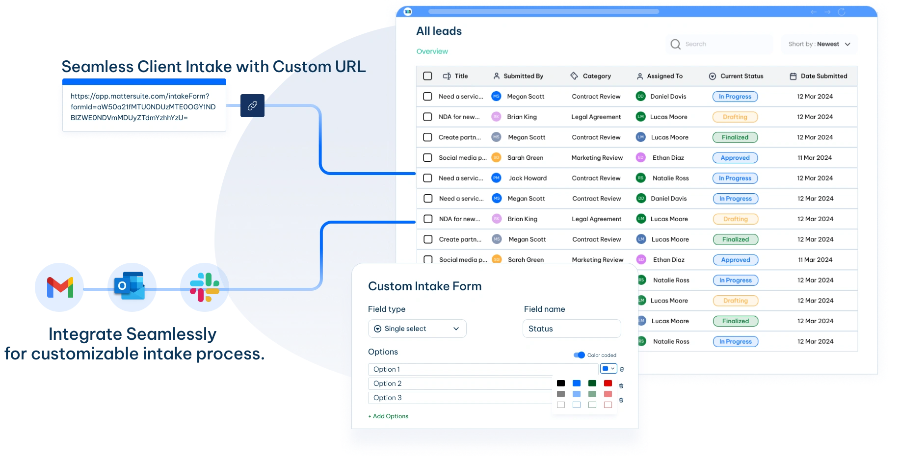 Client intake and matter triage automation interface legal client intake automation solution interface