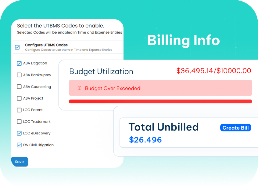 Billing with budget alerts and UTBMS code checks