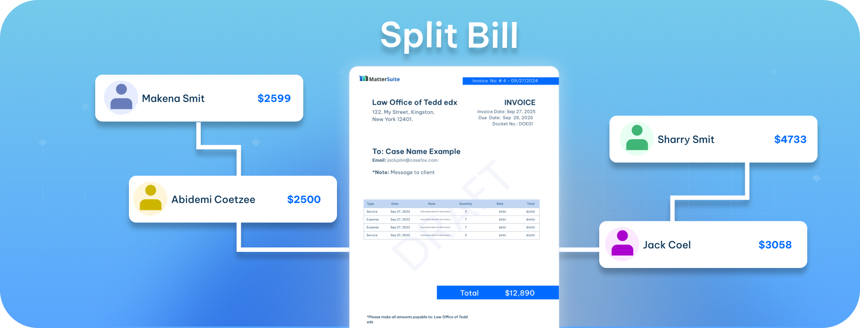 Split legal invoices between multiple payers