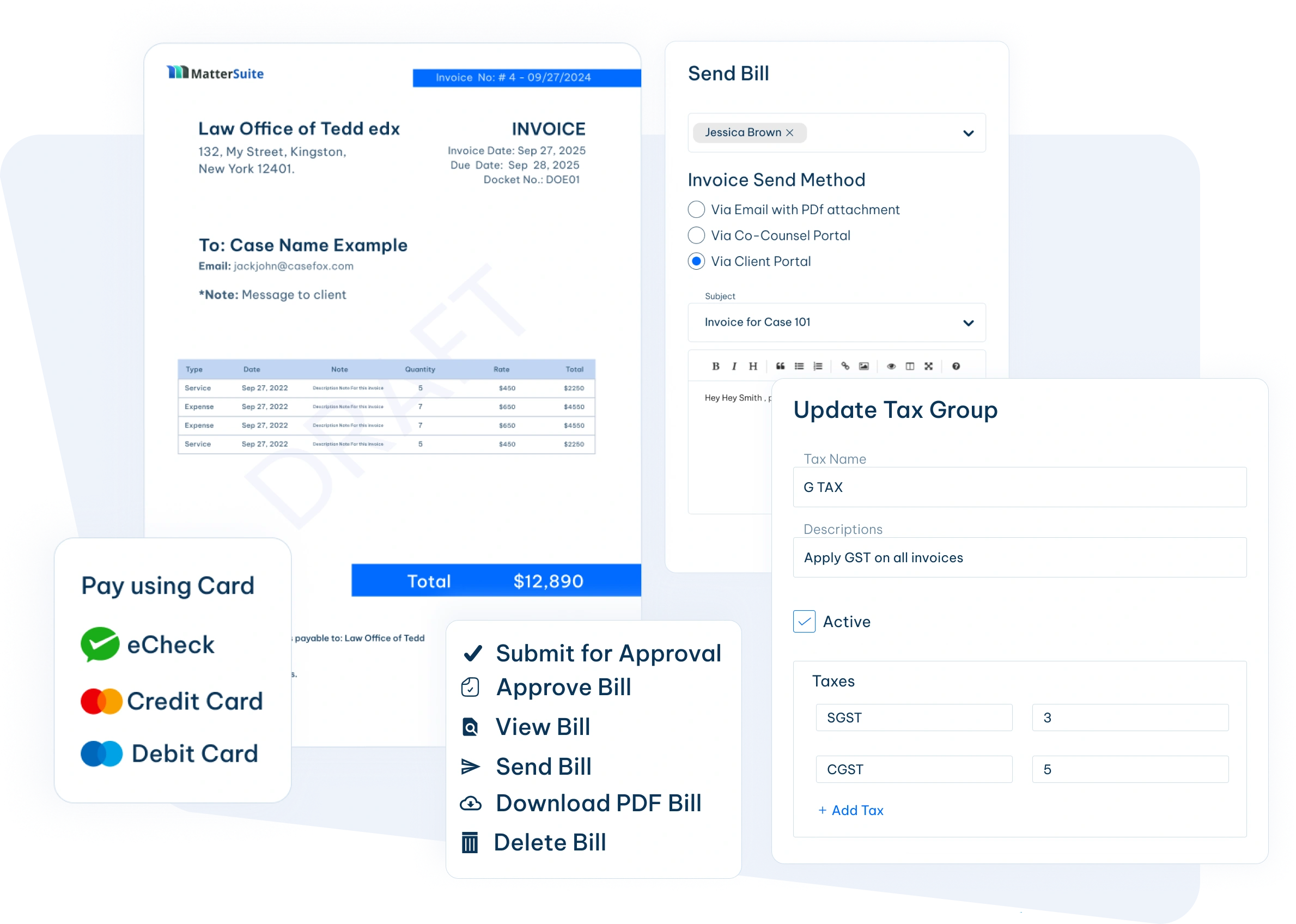 Legal e-billing with payments and tax setup