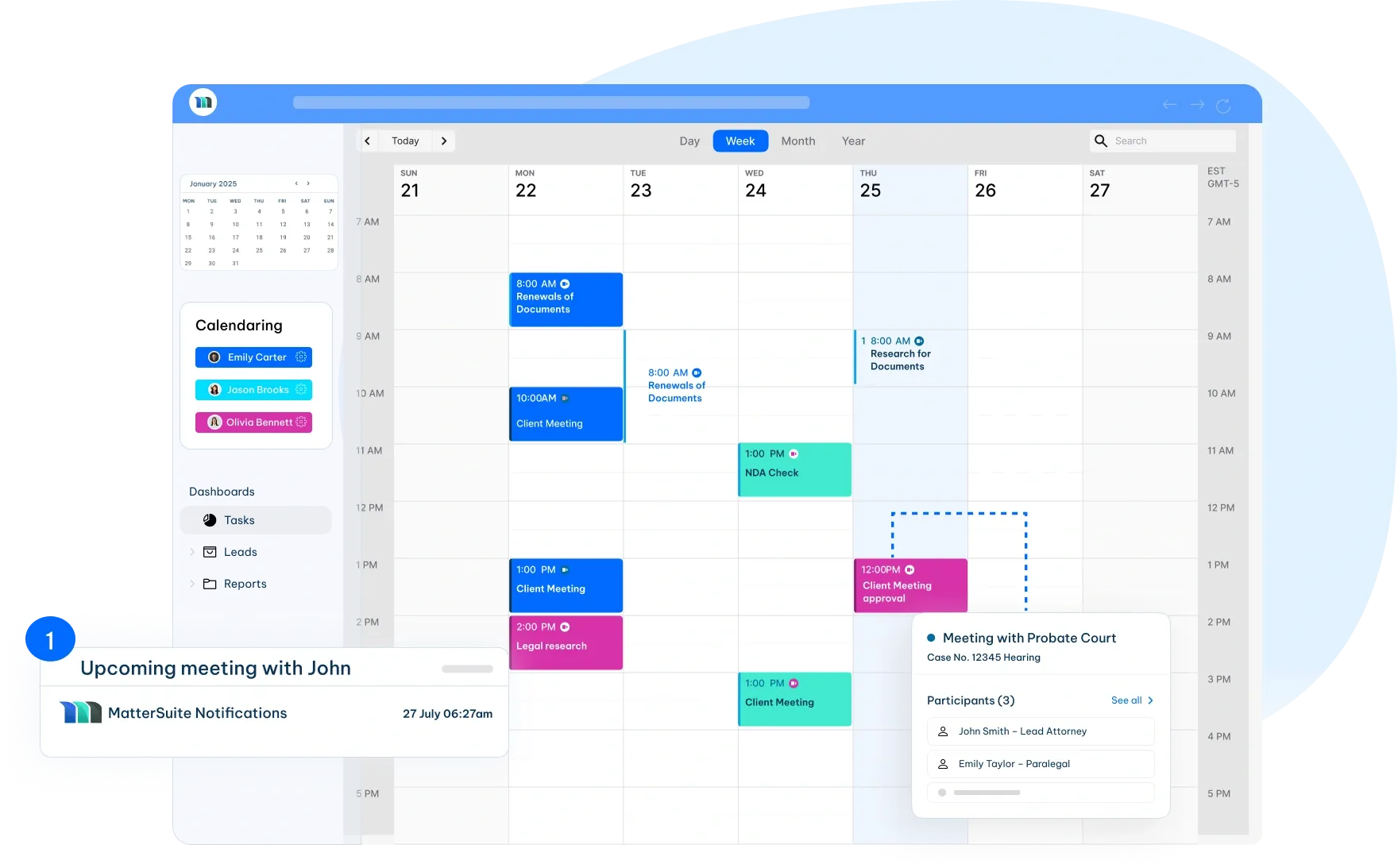 Legal Calendaring and Scheduling Software Dashboard