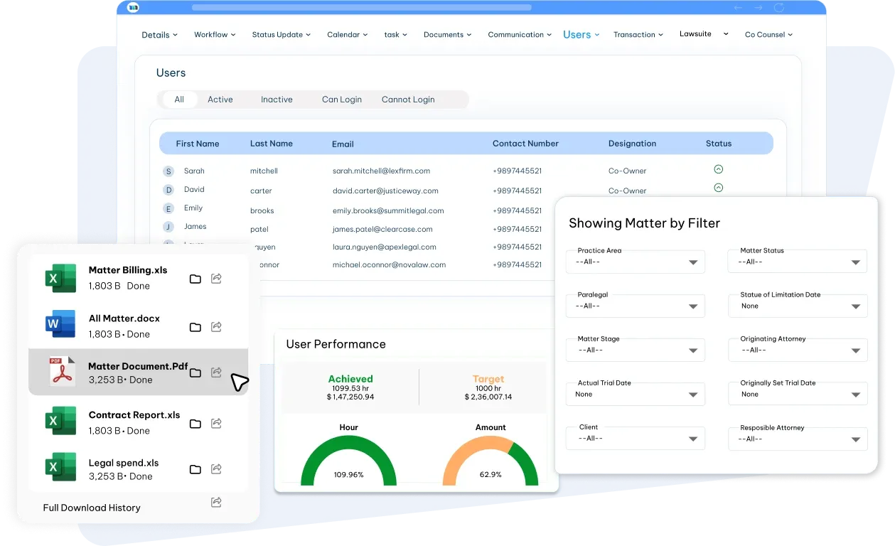 legal reporting and dashboard solution user interface