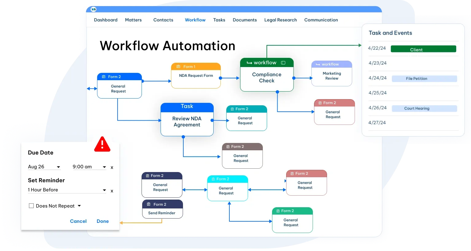 Legal task automation software user interface