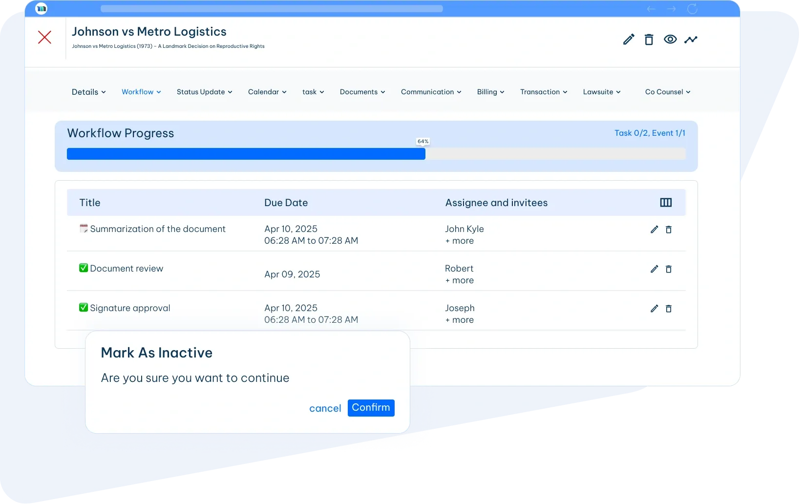 legal workflow management software dashboard